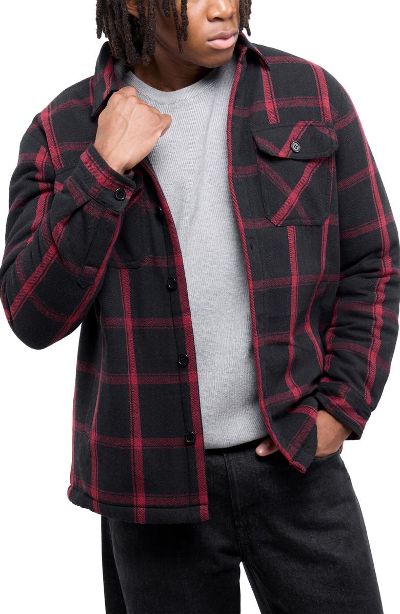 XRAY Faux Shearling Lined Flannel Shirt Jacket, Alternate, color, Black/ Burgundy