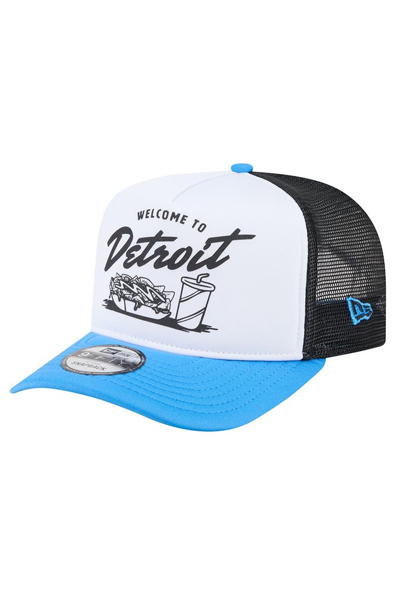 Men's New Era White/Blue Detroit Lions Foodie 9FIFTY A-Frame Trucker Snapback Hat, Alternate, color, White