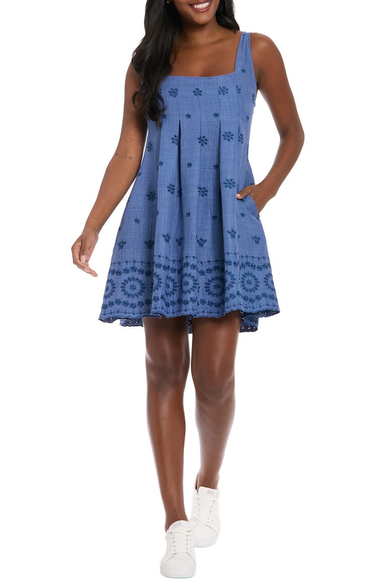 Embroidered Eyelet Sleeveless Pleated Trapeze Dress, Main, color, DENIM