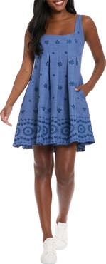 London Times Embroidered Eyelet Sleeveless Pleated Trapeze Dress