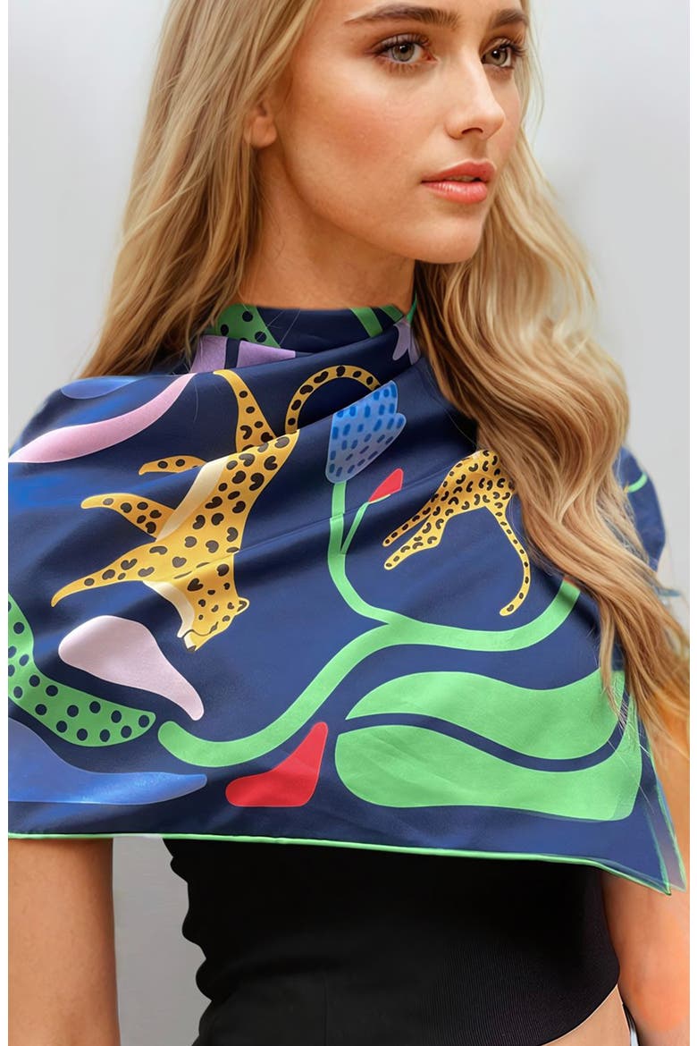 Double Sided Silk Scarf Of Jungle Night, Alternate, color, Blue