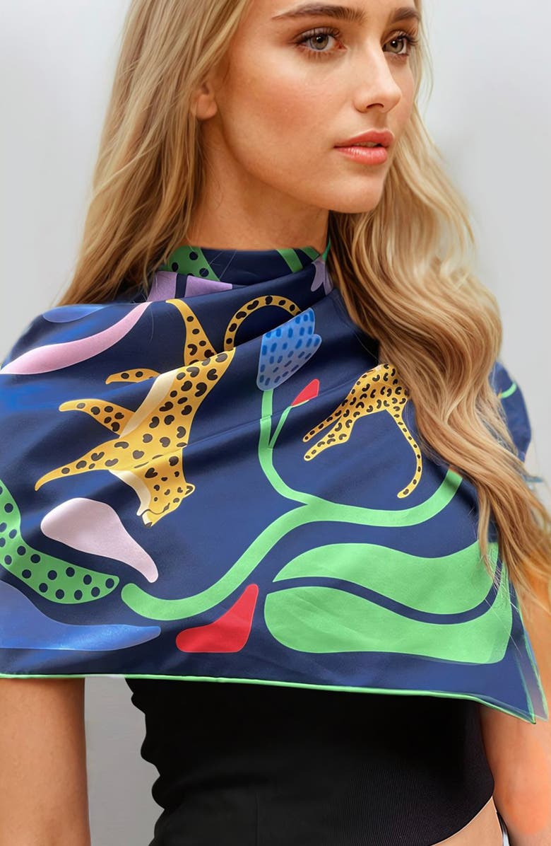 Jessie Zhao New York Double Sided Silk Scarf Of Jungle Night, Alternate, color, Blue