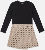 Deux par Deux Bi-Material Bow Tie Wrap-Style Long Sleeve Dress