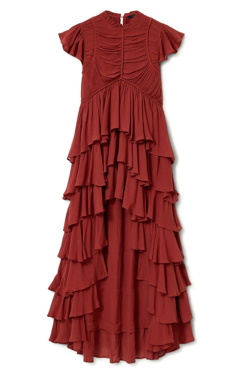 AllSaints Shaela Tiered Ruffle High-Low Dress, Alternate, color, Paprika Red