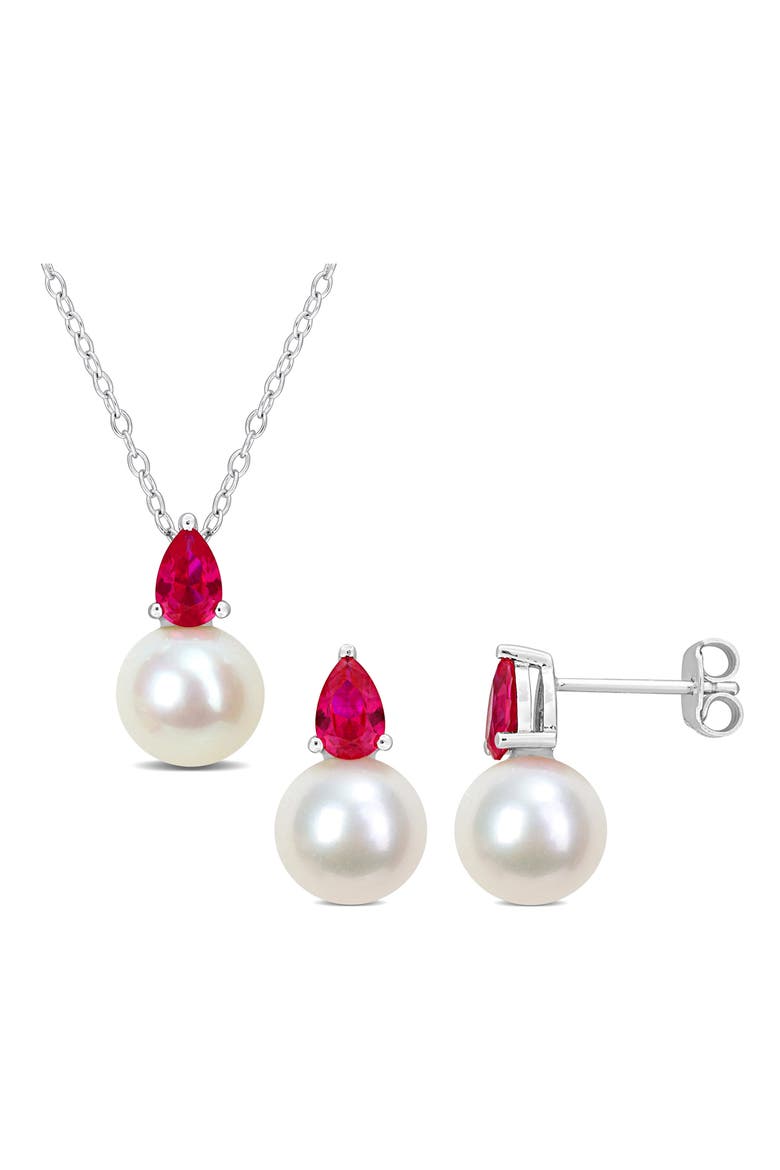 Cultured Freshwater Pearl & Ruby Pendant Necklace & Stud Earrings Set, Main, color, RED