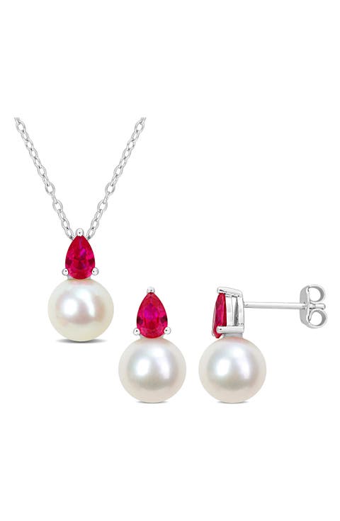 Cultured Freshwater Pearl & Ruby Pendant Necklace & Stud Earrings Set