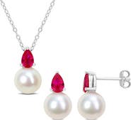 DELMAR Cultured Freshwater Pearl & Ruby Pendant Necklace & Stud Earrings Set