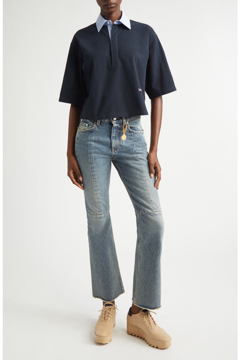 Crop Piqué Polo Shirt, Alternate, color, NAVY