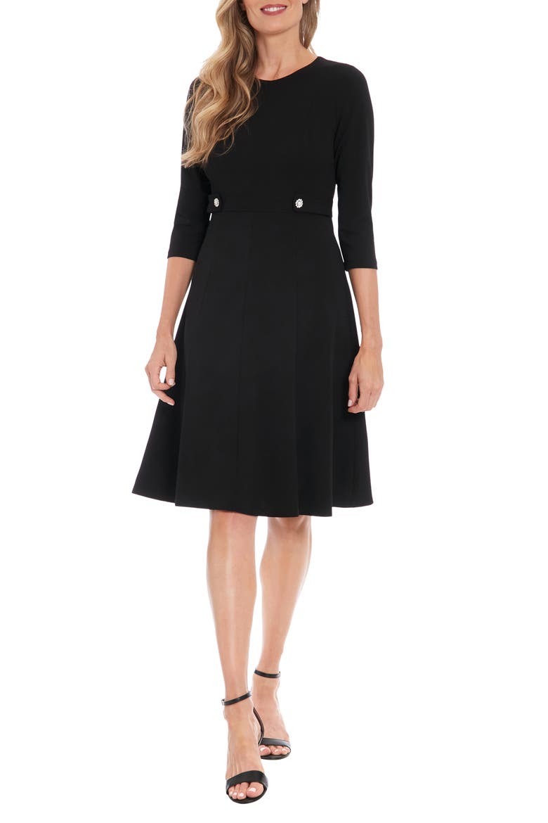 Rhinestone Side Tab Three Quarter Sleeve Fit & Flare Dress, Main, color, BLACK