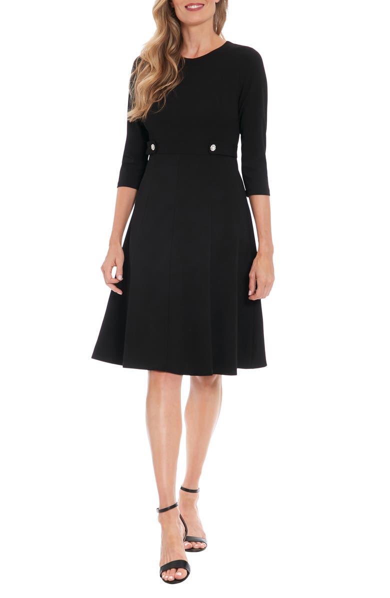 London Times Rhinestone Side Tab Three Quarter Sleeve Fit & Flare Dress, Main, color, Black