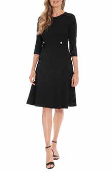 London Times Rhinestone Side Tab Three Quarter Sleeve Fit & Flare Dress