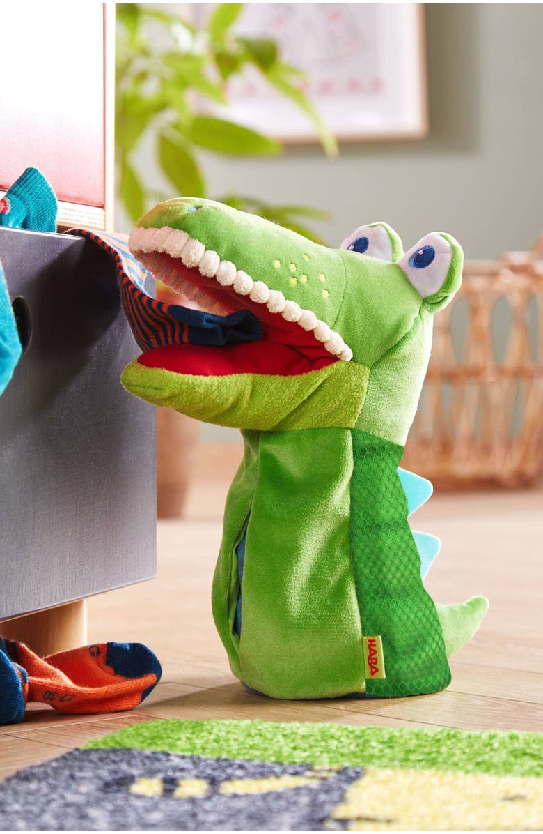 HABA Hand Puppet - Eat it Up Croco Interactive Puppet Show Toy with Belly Bag for Storytelling, Speech Therapy Toys and Pretend Play for 18 mo+, Alternate, color, Green Multi