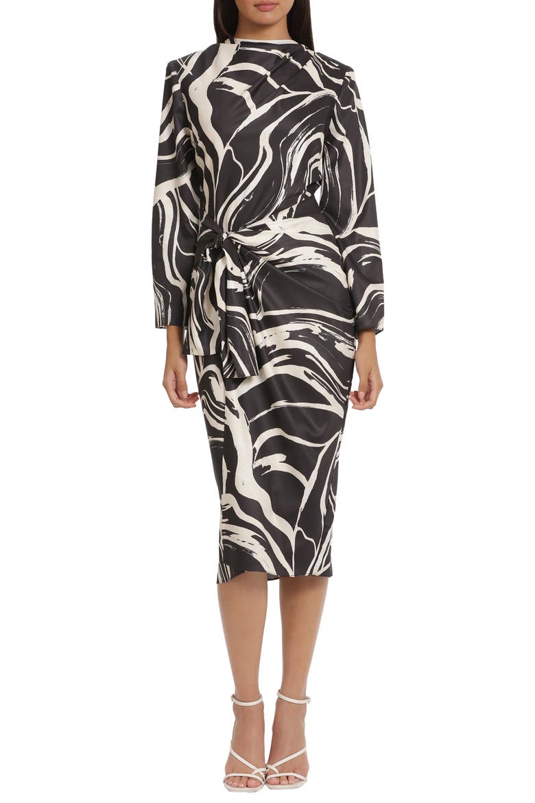 Tie Waist High Neck Long Sleeve Midi Dress, Main, color, BLACK/ CREAM