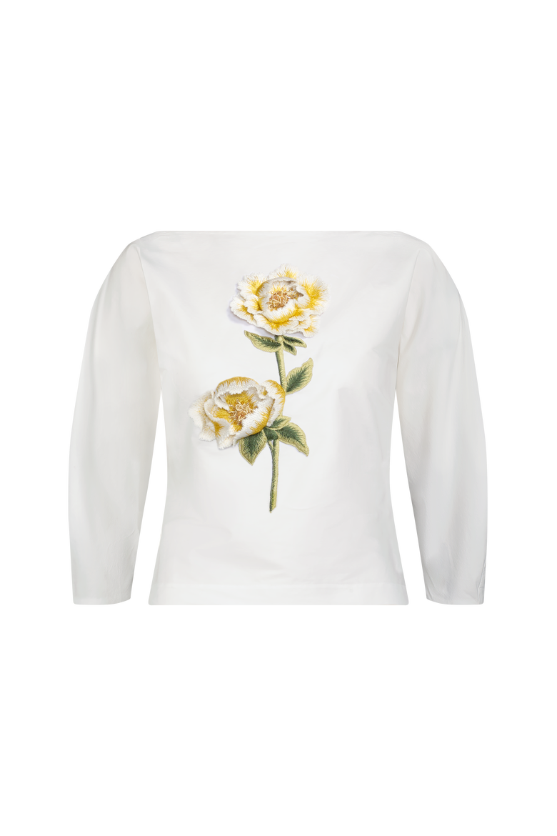 3D Peony Embroidered Cotton Poplin Top, Main, color, White/Yellow