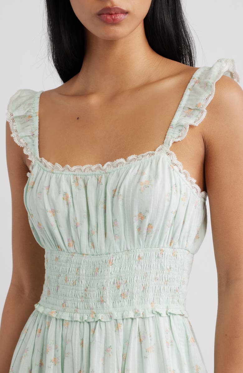 LoveShackFancy Maralina Print Ruffle Minidress, Alternate, color, Celadon Drift