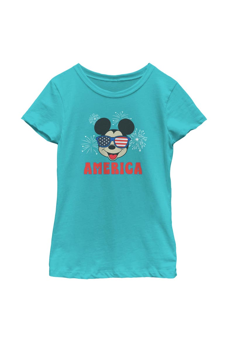 Girl's Mickey & Friends American Sunglasses and Fireworks  Graphic T-Shirt, Main, color, Tahiti Blue