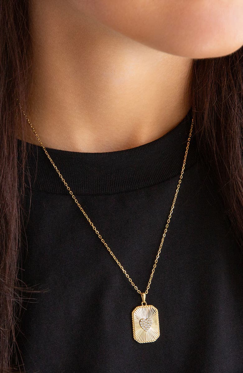 MARLYN SCHIFF Pavé Heart Etched Tag Pendant Necklace, Alternate, color, Gold Plated