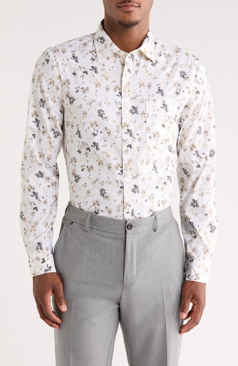 Nordstrom Floral Stretch Button-Up Shirt, Main, color, Ivory Inked Floral