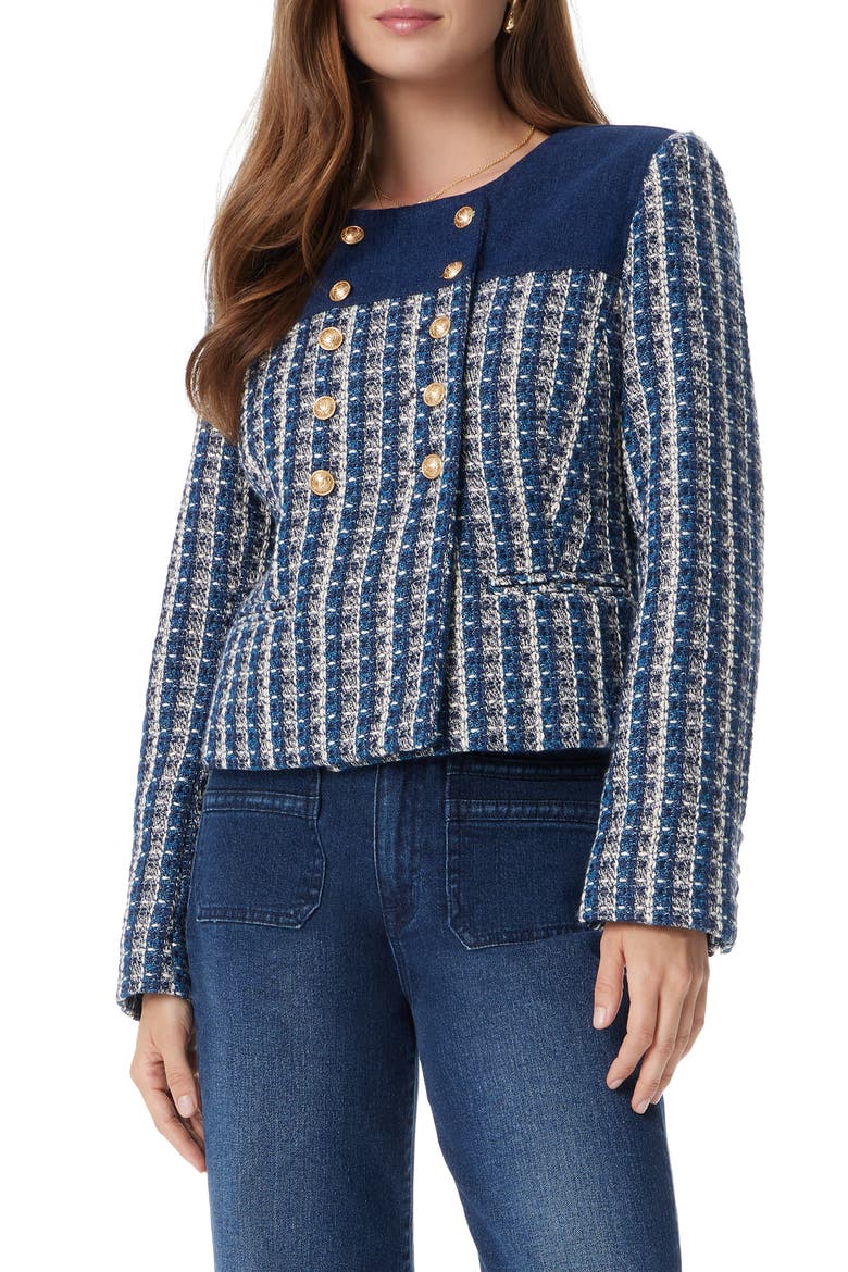 Fiona Double Breasted Denim & Tweed Jacket, Main, color, ANTARCTICA PATRIOT PLAID