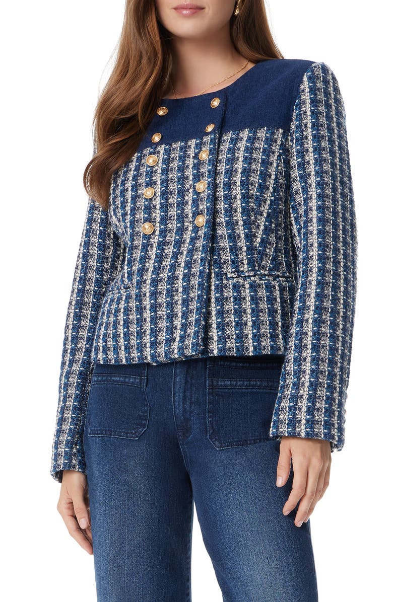 Sam Edelman Fiona Double Breasted Denim & Tweed Jacket, Main, color,