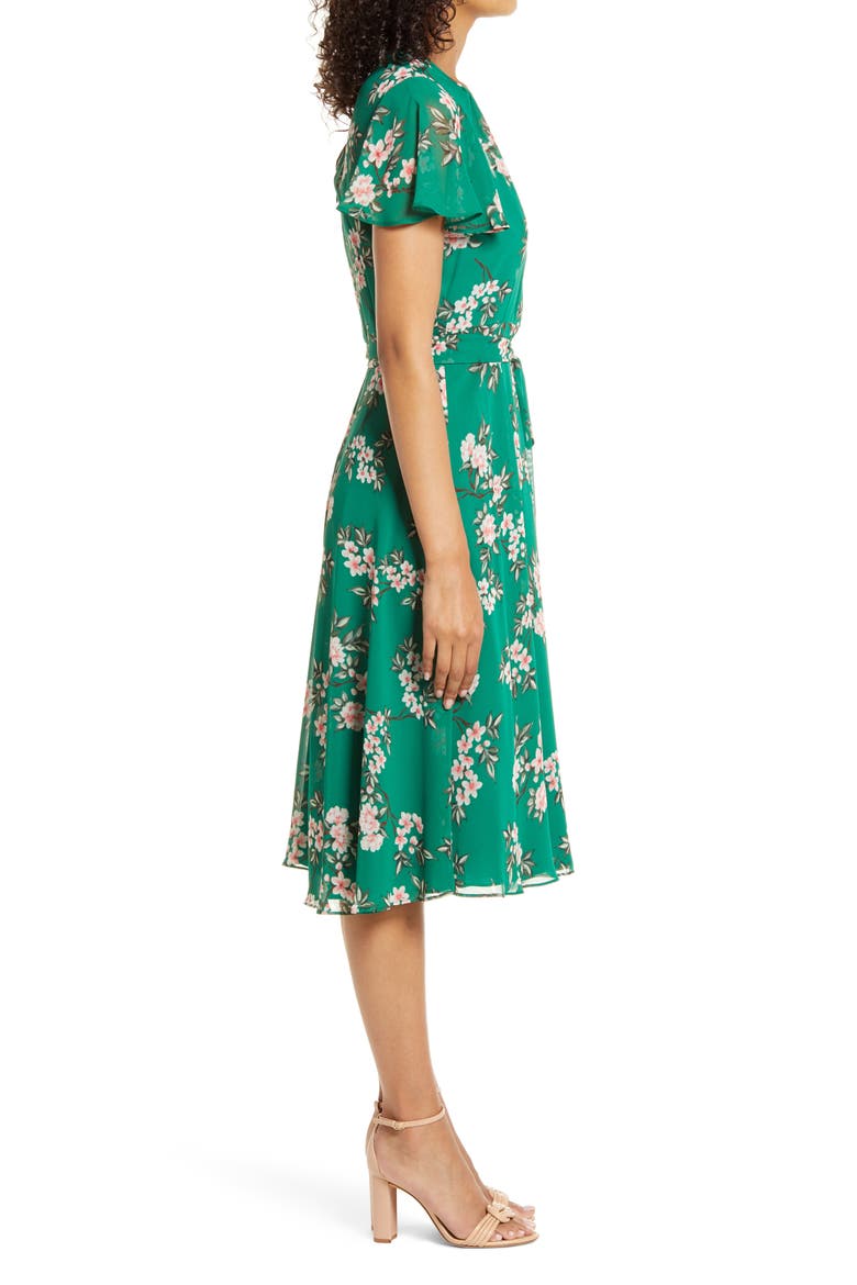 Floral Flutter Sleeve Chiffon Dress, Alternate, color, GREEN