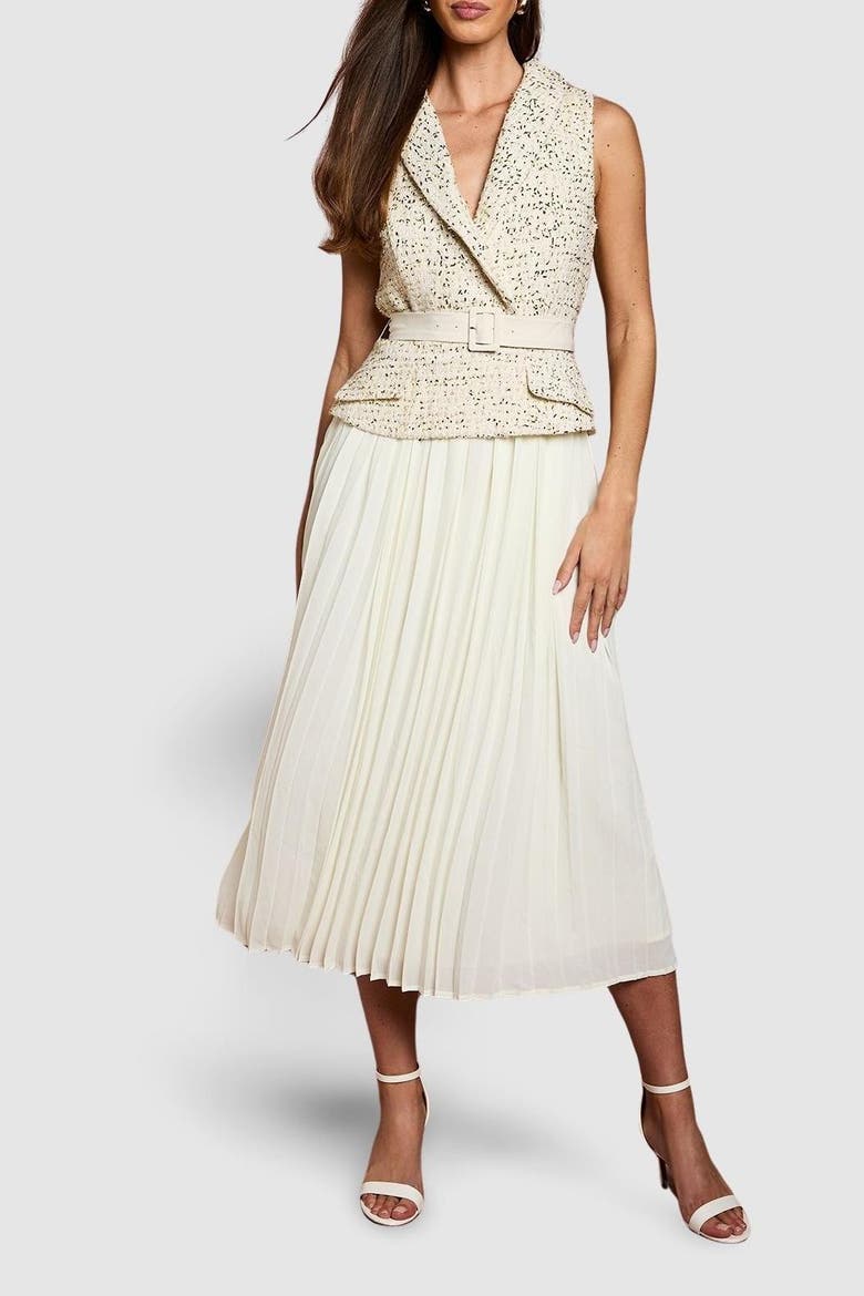 Sleeveless Tweed Belted Midi Dress, Alternate, color, Ivory