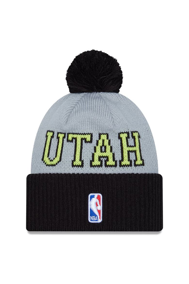 Men's New Era Black/Gray Utah Jazz Tip-Off Two-Tone Cuffed Knit Hat with Pom, Alternate, color, Black