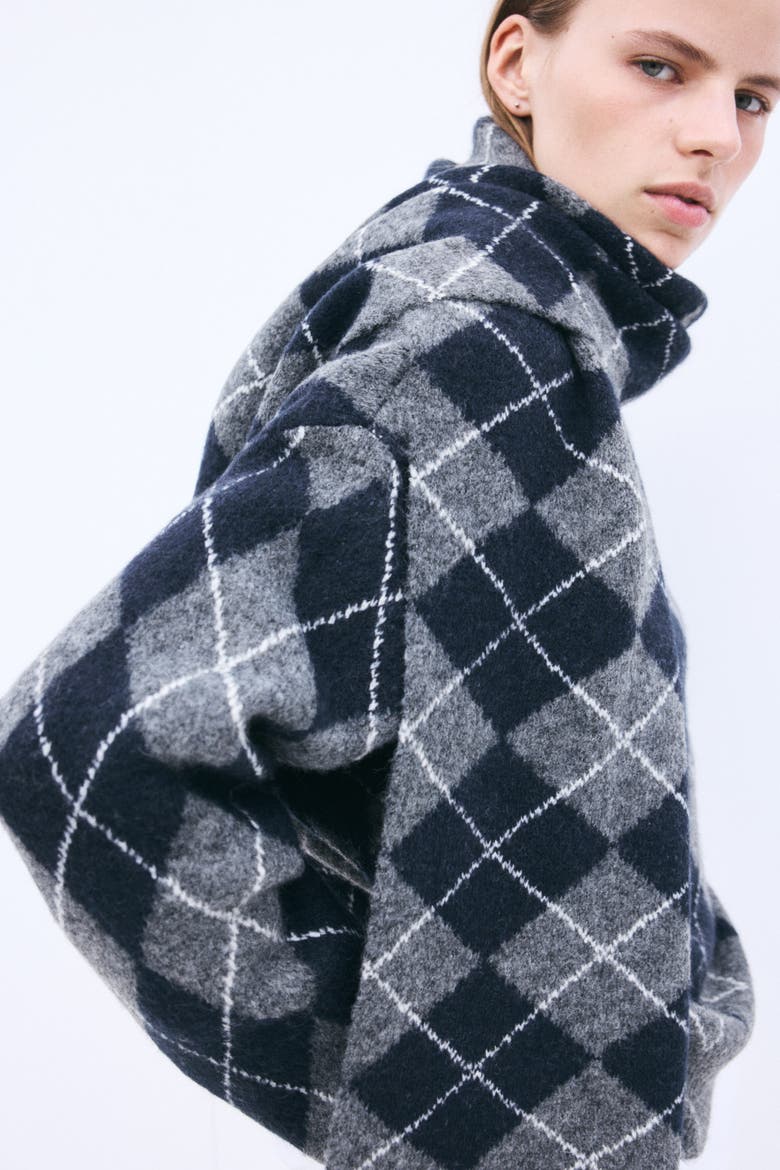 Scarf-Detail Sweater, Alternate, color, Dark gray/argyle