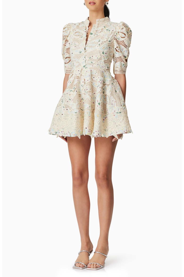 Kyla Puff Sleeve Lace Fit & Flare Minidress, Alternate, color, IVORY MULTI