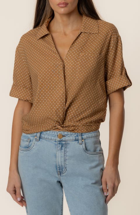 Rebel Printed Knot Front Linen Blend Top