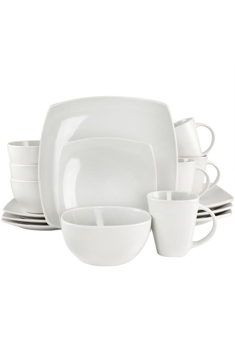 Bright Shell 16 Piece Square Stoneware Dinnerware Set, Main, color, White