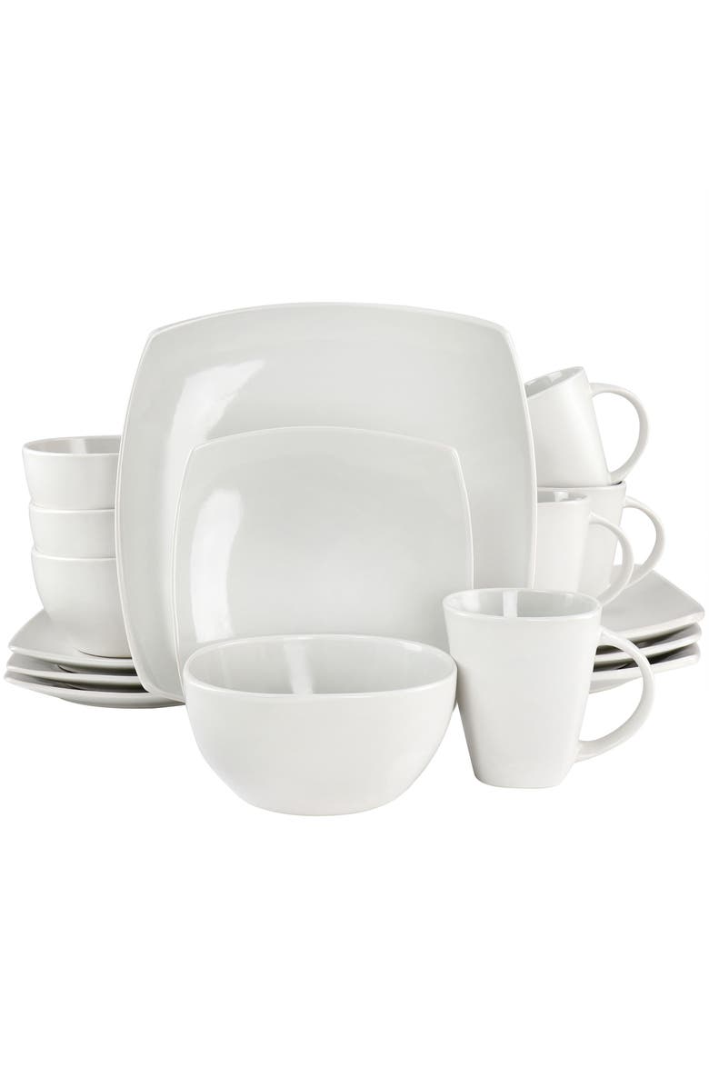 Soho Lounge Bright Shell 16 Piece Square Stoneware Dinnerware Set, Main, color, White