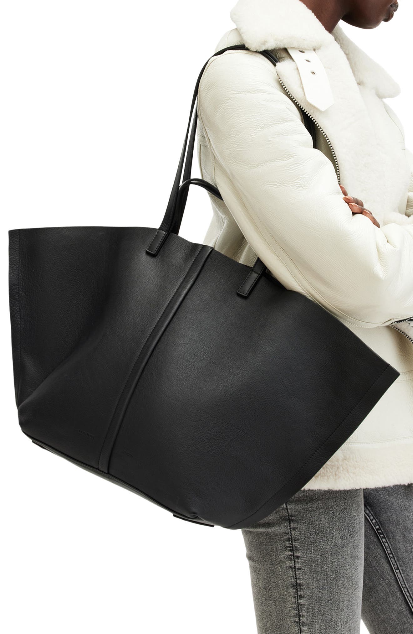 AllSaints Phoenix Leather East/West Tote, Alternate, color, Black