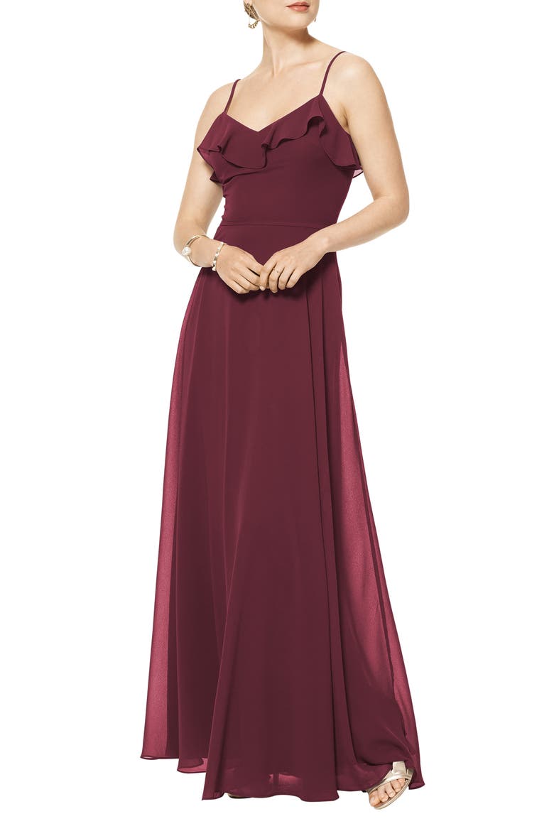 Ruffle V-Neck Chiffon Gown, Main, color, WINE