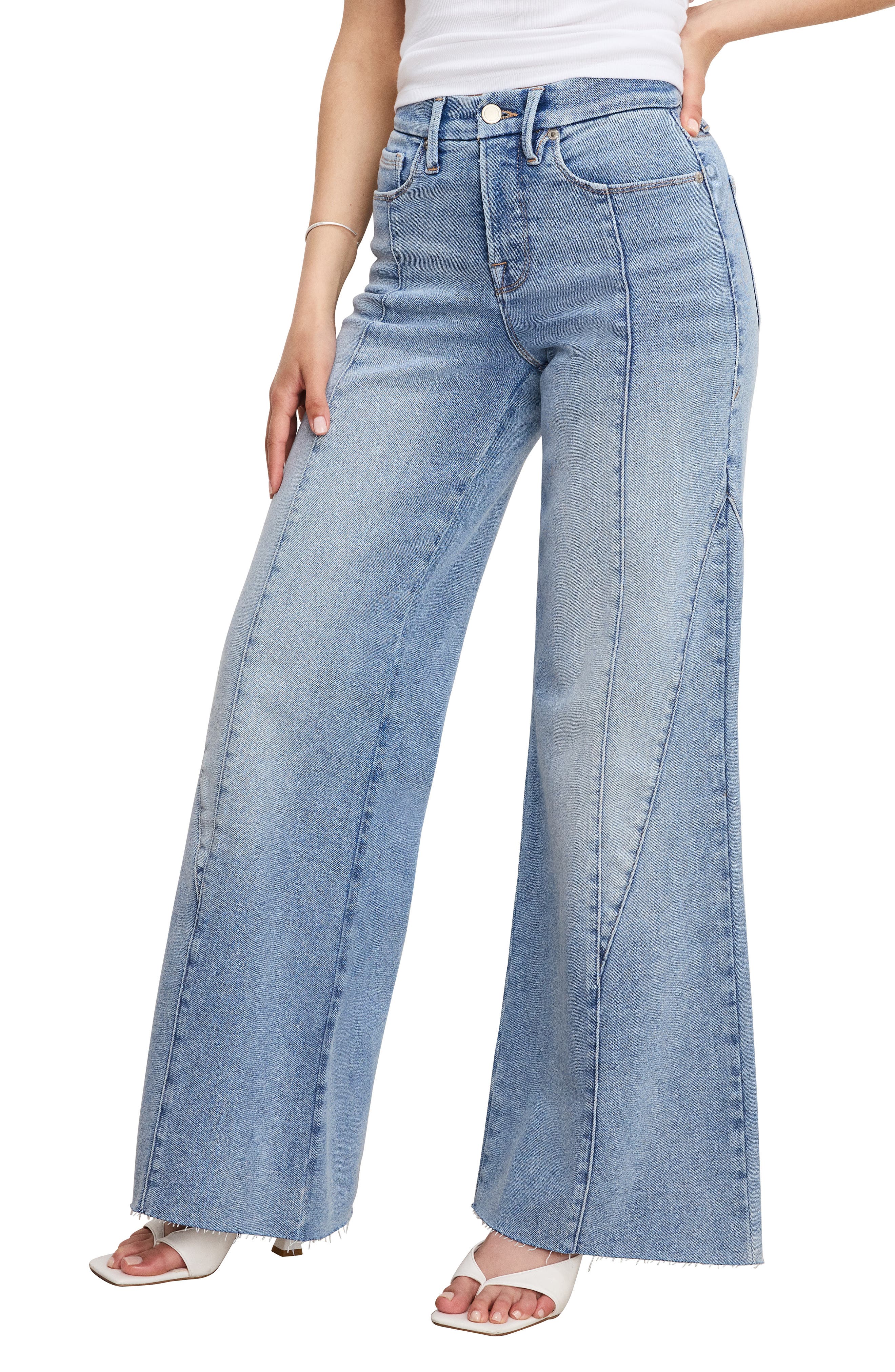 Good American Good Petite Raw Hem Seamed Palazzo Jeans