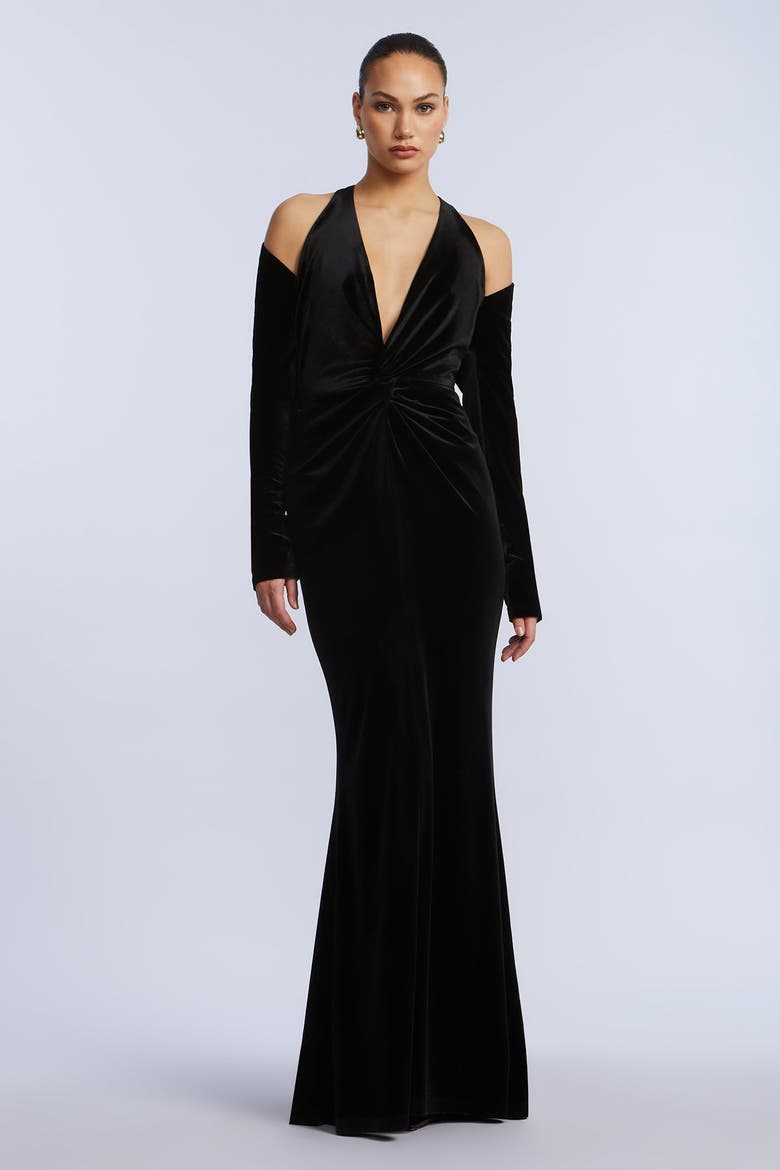Long Sleeve Halter Velvet Gown, Main, color, Black