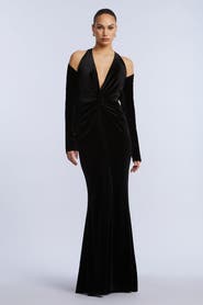 BCBGMAXAZRIA Long Sleeve Halter Velvet Gown