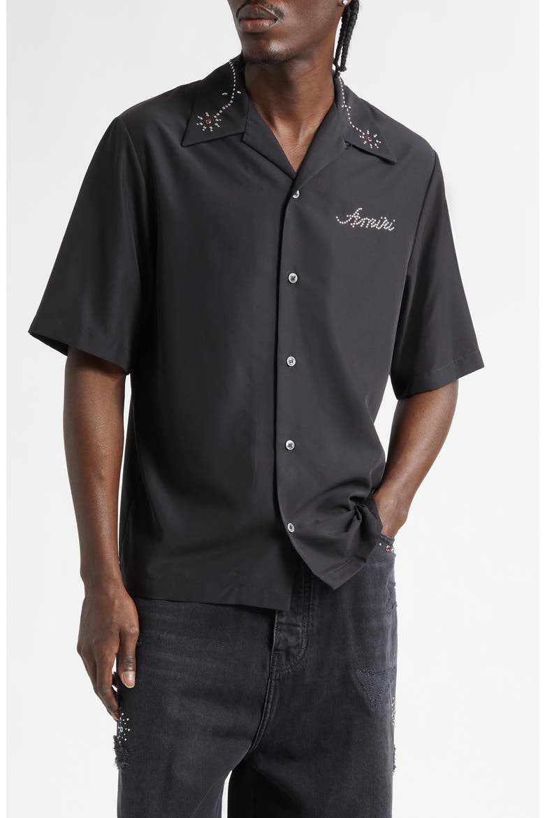 Studded Camp Shirt, Main, color, BLACK