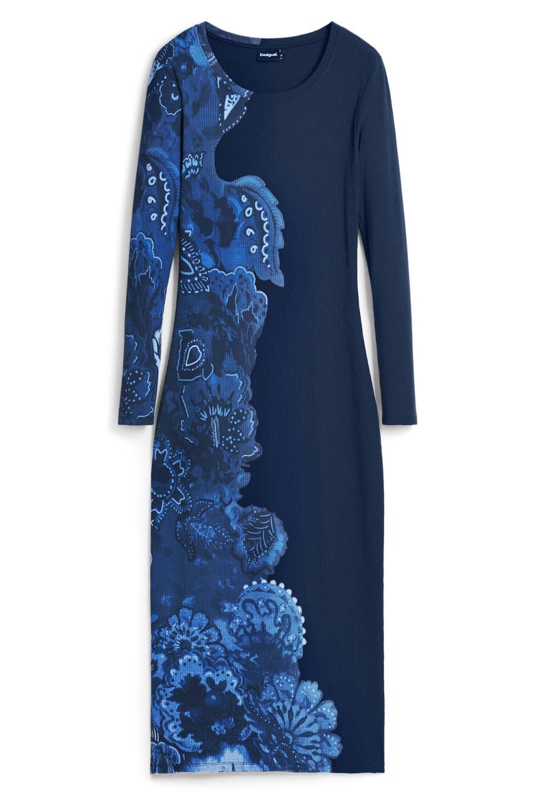 Floral Print Long Sleeve Midi Dress, Alternate, color, NAVY BLUE