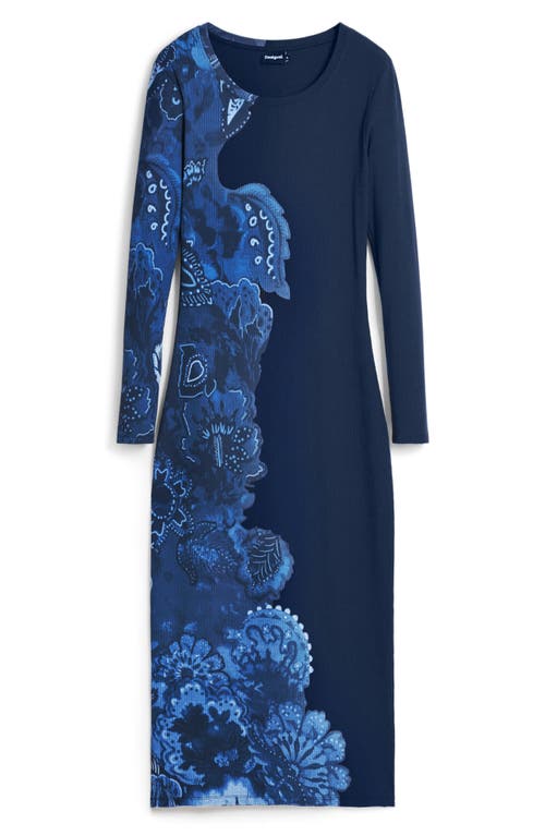 Desigual Floral Print Long Sleeve Midi Dress In Blue