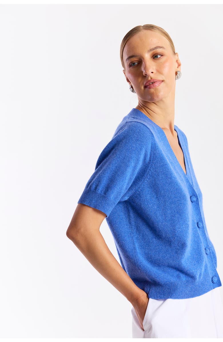 Brodie Pure Cashmere Short Sleeve 100% Cashmere Cardigan, Alternate, color, Carolina