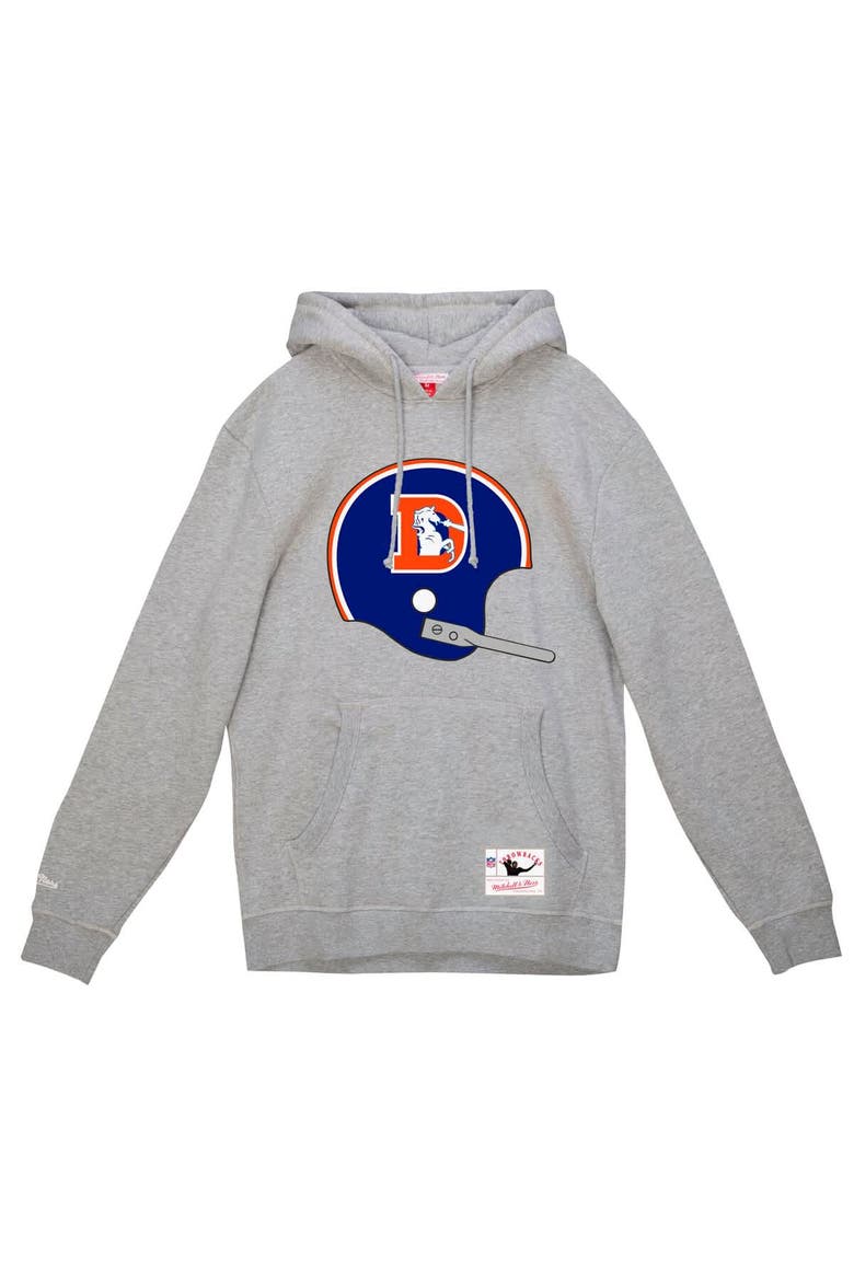 Men's Mitchell & Ness Heather Gray Denver Broncos Helmet Logo Vintage Pullover Hoodie, Alternate, color, Heather Gray