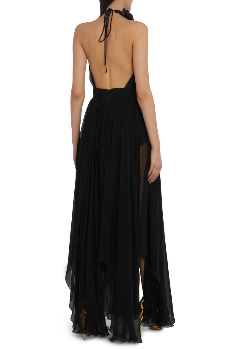 Rosette Detail Halter Neck Silk Chiffon Gown, Alternate, color, BLACK
