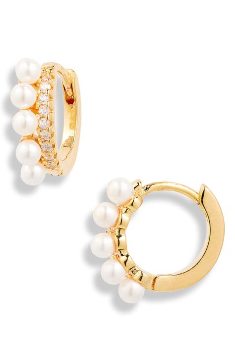 Cubic Zirconia & Faux Pearl Huggie Hoop Earrings