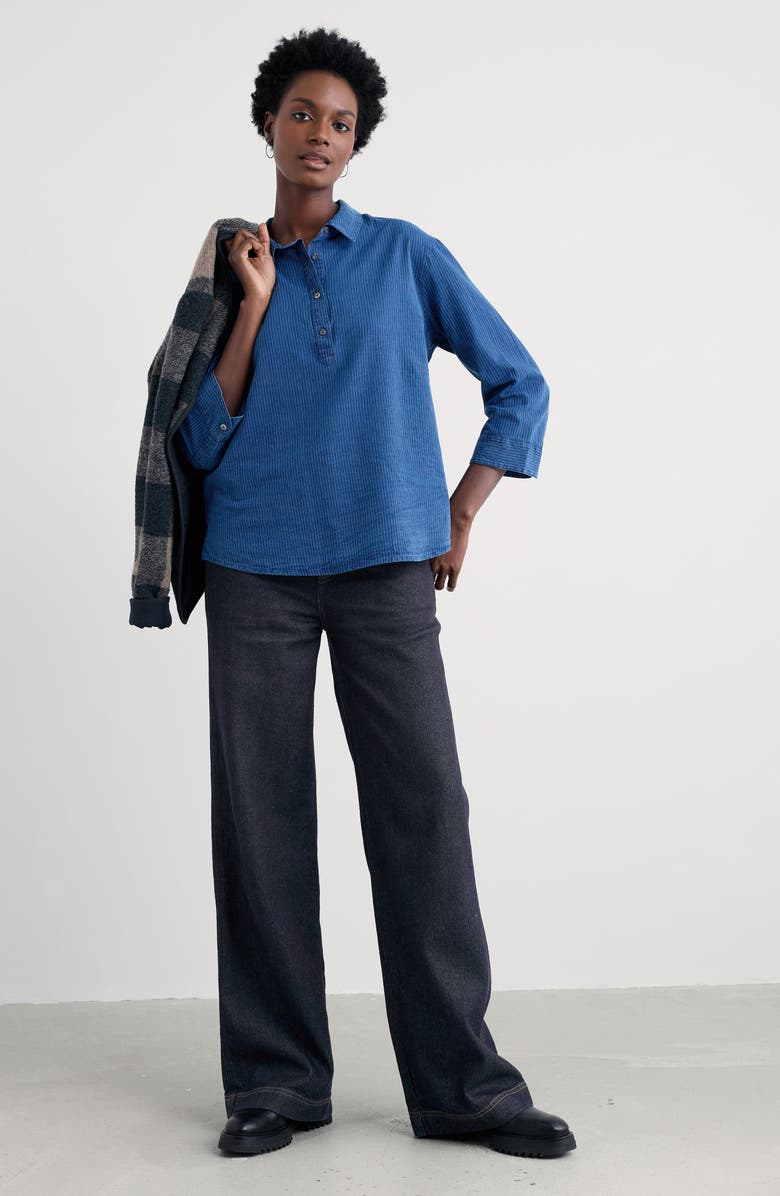 Seasalt Cornwall St Keverne Organic Cotton Half Placket Shirt, Alternate, color, Mid Indigo Stripe