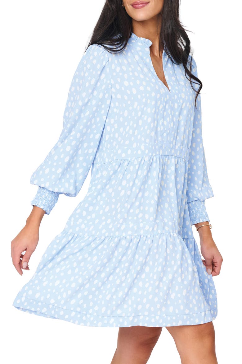 Printed Tiered Long Sleeve Dress, Alternate, color, SKY BLUE OFF WHITE DOT