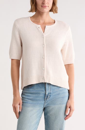 Splendid Fisher Short Sleeve Cotton Blend Cardigan in Moonstone at Nordstrom Rack, Size Large