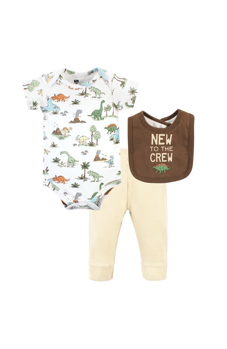 Hudson Baby Cotton Bodysuit, Pant and Bib Set, Main, color, Dinosaur Adventures