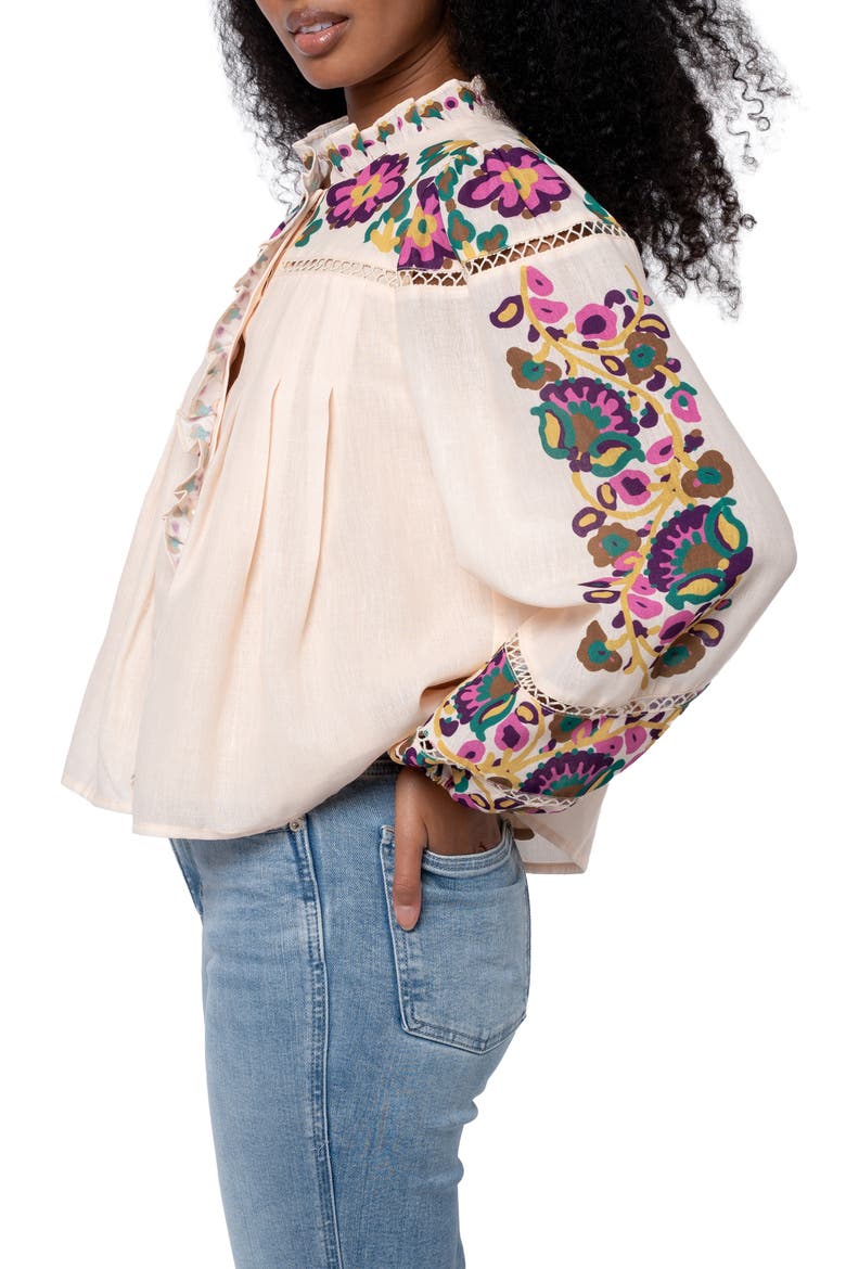 Isme Placed Floral Ruffle Placket Button-Up Shirt, Alternate, color, CREAM MULTI