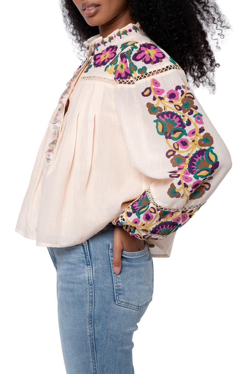 CIEBON Isme Placed Floral Ruffle Placket Button-Up Shirt, Alternate, color, Cream Multi